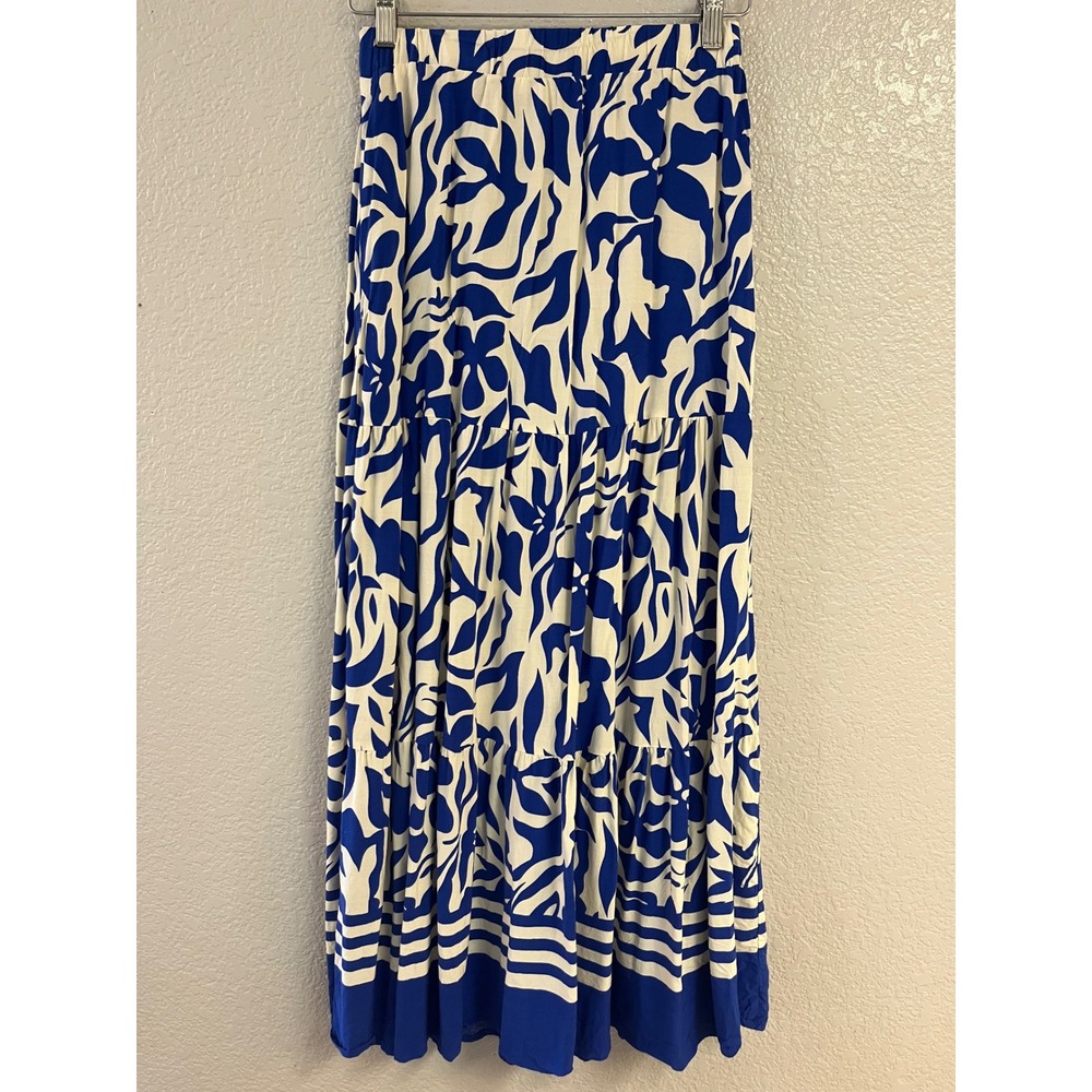 Blue White Abstract Leaf Print Tiered Maxi Skirt Elastic Waist Small